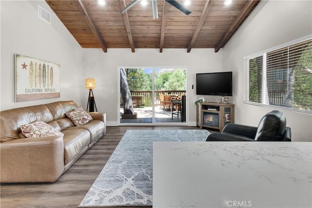 2583 Oak Shores Dr, Bradley, CA 93426 - living room with wood ceiling, ceiling fan, and wood finished floors