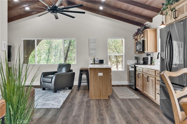 2583 Oak Shores Dr, Bradley, CA 93426 - kitchen with stainless steel fridge, electric range, wood ceiling, light countertops, and dark wood-type flooring