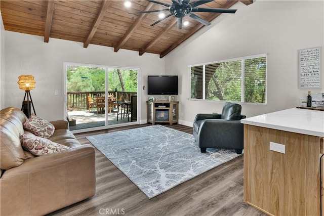 2583 Oak Shores Dr, Bradley, CA 93426 - living room with a wood ceiling with exposed beams, wood finished floors, a ceiling fan, and high vaulted ceiling