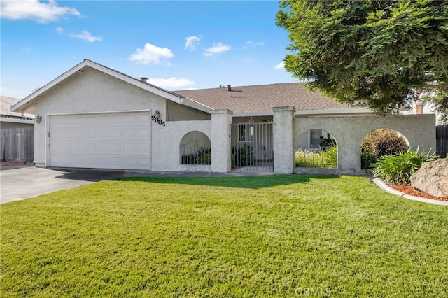 2384 Crestview Dr, Atwater, CA 95301 - ranch-style house featuring stucco siding, an attached garage, driveway, and a shingled roof