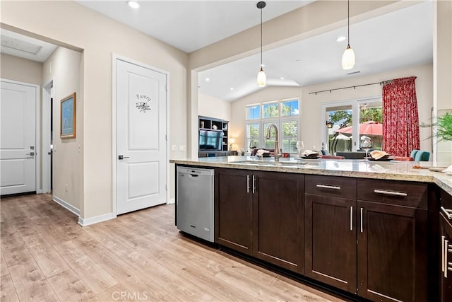 138 Listo St, Rancho Mission Viejo, CA 92694 - kitchen featuring stainless steel dishwasher, dark brown cabinetry, lofted ceiling, light wood-style flooring, and hanging light fixtures