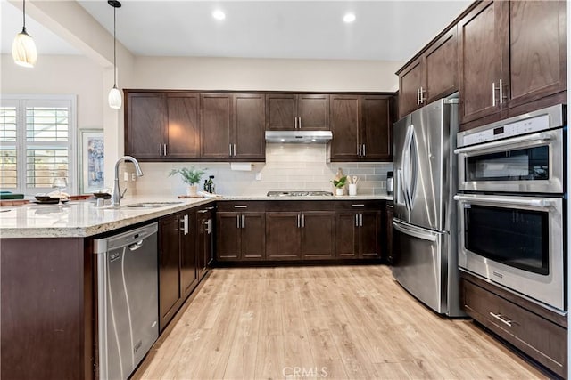 138 Listo St, Rancho Mission Viejo, CA 92694 - kitchen featuring stainless steel appliances, under cabinet range hood, a peninsula, dark brown cabinetry, and backsplash