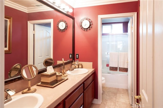 20642 Iris Canyon Rd, Riverside, CA 92508 - bathroom with double vanity, crown molding, tile patterned floors, and shower / washtub combination