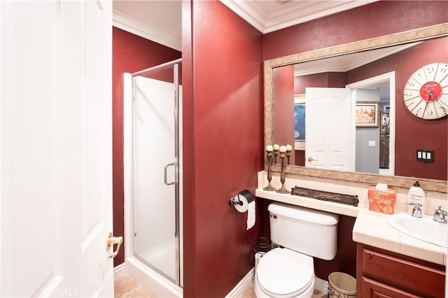 20642 Iris Canyon Rd, Riverside, CA 92508 - bathroom with vanity, ornamental molding, and a shower stall