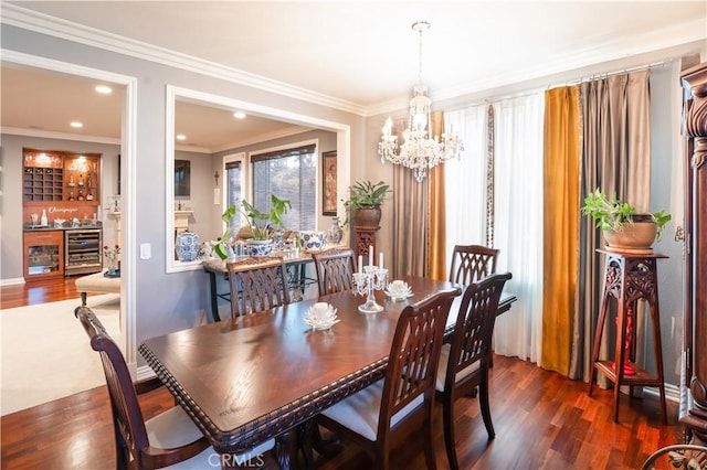 20642 Iris Canyon Rd, Riverside, CA 92508 - dining area featuring wine cooler, bar area, wood finished floors, a chandelier, and recessed lighting