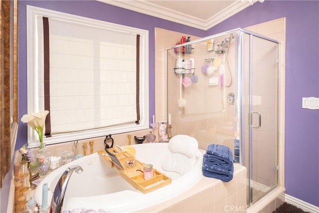 20642 Iris Canyon Rd, Riverside, CA 92508 - full bathroom with a shower stall, a bath, and ornamental molding