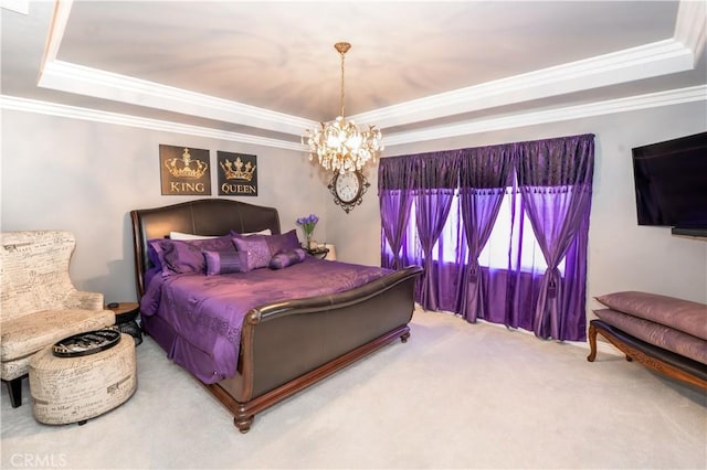 20642 Iris Canyon Rd, Riverside, CA 92508 - carpeted bedroom featuring a tray ceiling, ornamental molding, and a chandelier