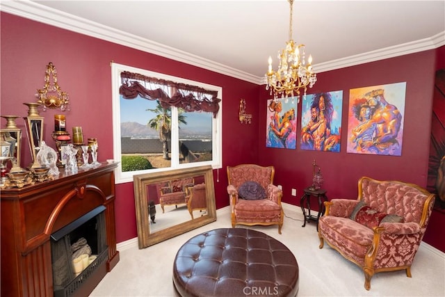 20642 Iris Canyon Rd, Riverside, CA 92508 - sitting room featuring a chandelier, light colored carpet, and ornamental molding