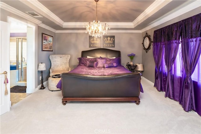 20642 Iris Canyon Rd, Riverside, CA 92508 - bedroom featuring a tray ceiling, carpet, a chandelier, ornamental molding, and ensuite bathroom