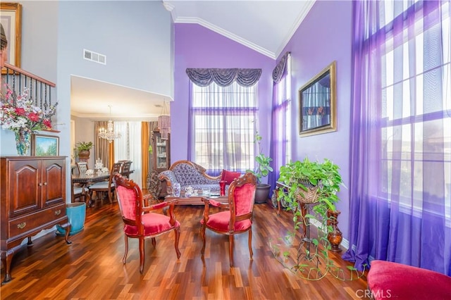 20642 Iris Canyon Rd, Riverside, CA 92508 - dining room with high vaulted ceiling, a chandelier, ornamental molding, wood finished floors, and stairway
