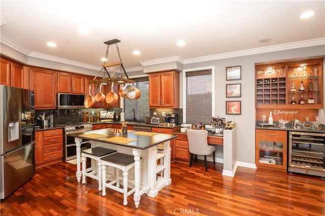 20642 Iris Canyon Rd, Riverside, CA 92508 - kitchen featuring appliances with stainless steel finishes, beverage cooler, open shelves, backsplash, and ornamental molding