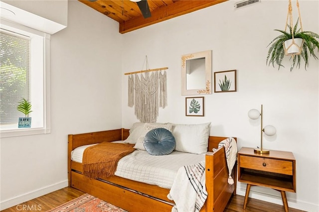 1296 Calgary Dr, Lake Arrowhead, CA 92352 - bedroom with wood finished floors and a wooden ceiling with exposed beams