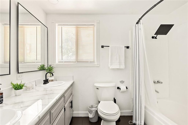 1296 Calgary Dr, Lake Arrowhead, CA 92352 - bathroom with double vanity, shower / tub combo, and tile patterned flooring