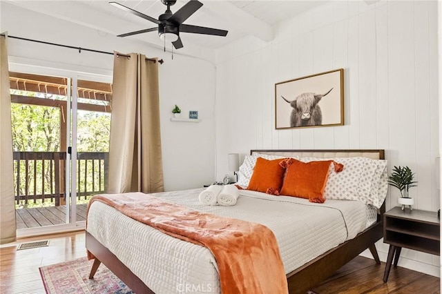 1296 Calgary Dr, Lake Arrowhead, CA 92352 - bedroom with wood finished floors, access to outside, beam ceiling, and a ceiling fan
