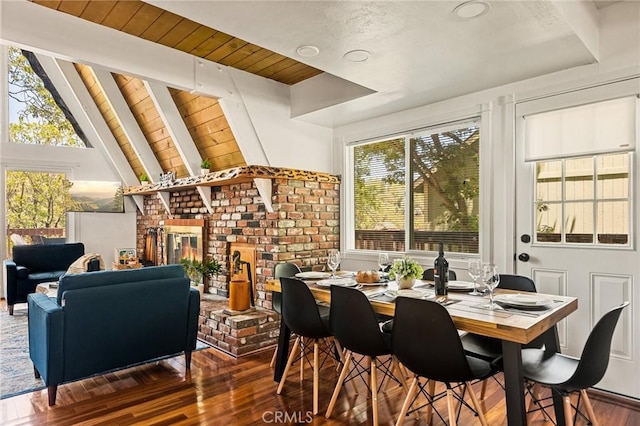 1296 Calgary Dr, Lake Arrowhead, CA 92352 - dining area featuring hardwood / wood-style floors and a wood ceiling with exposed beams