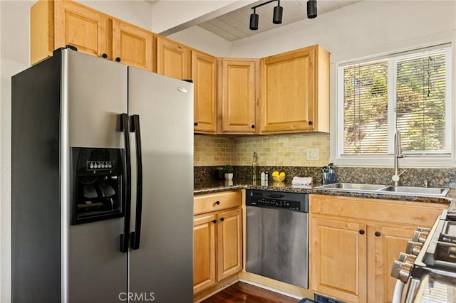 1296 Calgary Dr, Lake Arrowhead, CA 92352 - kitchen featuring appliances with stainless steel finishes, dark countertops, backsplash, and dark wood-style floors