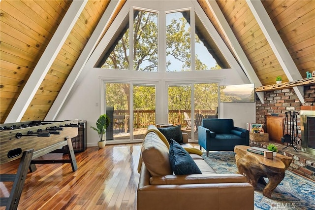 1296 Calgary Dr, Lake Arrowhead, CA 92352 - living room featuring hardwood / wood-style flooring, a wood ceiling with exposed beams, plenty of natural light, high vaulted ceiling, and a fireplace