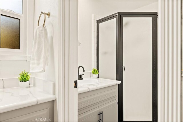 1296 Calgary Dr, Lake Arrowhead, CA 92352 - full bathroom featuring vanity and a stall shower