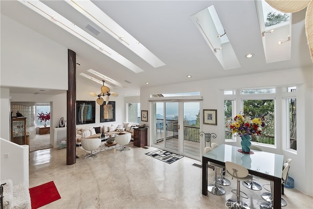 28527 Willow Rd, Lake Arrowhead, CA 92385 - interior space featuring a skylight, high vaulted ceiling, healthy amount of natural light, and recessed lighting