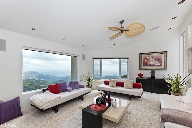 28527 Willow Rd, Lake Arrowhead, CA 92385 - living area featuring vaulted ceiling, ceiling fan, a mountain view, and recessed lighting