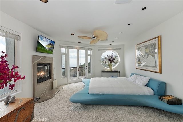 28527 Willow Rd, Lake Arrowhead, CA 92385 - bedroom featuring access to outside, a high end fireplace, ceiling fan, and recessed lighting
