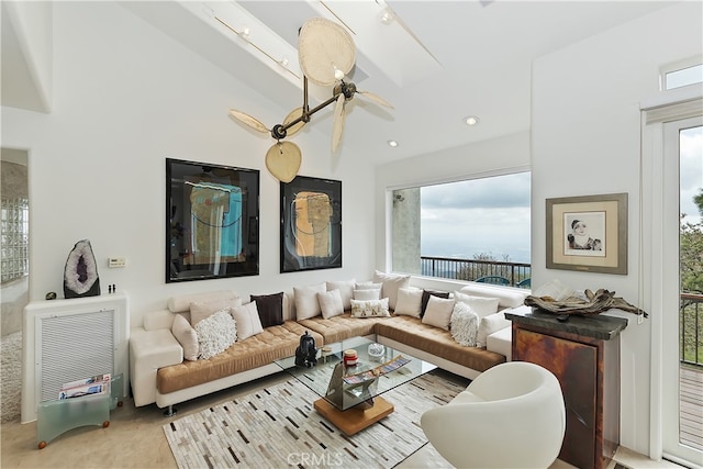28527 Willow Rd, Lake Arrowhead, CA 92385 - living room with plenty of natural light, ceiling fan, heating unit, and high vaulted ceiling