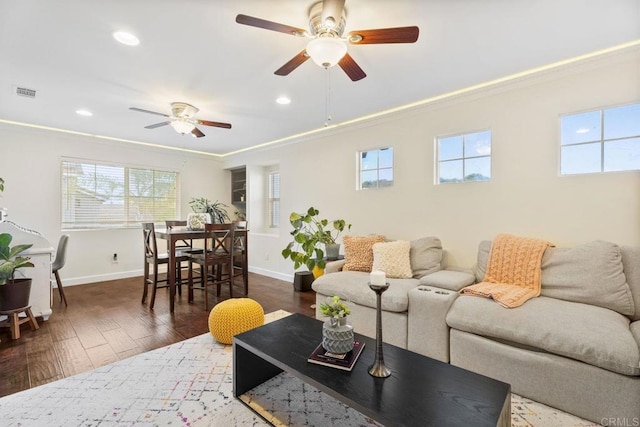 737 W Bel Esprit Cir, San Marcos, CA 92069 - living area featuring a ceiling fan, ornamental molding, recessed lighting, and dark wood-style floors