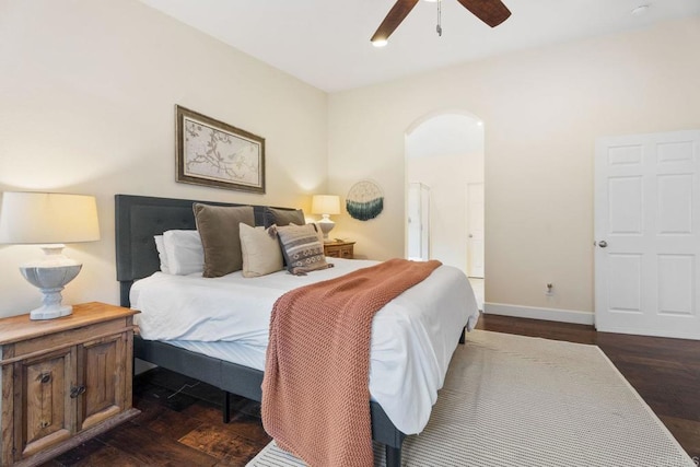 737 W Bel Esprit Cir, San Marcos, CA 92069 - bedroom with arched walkways, dark wood-style floors, and ceiling fan