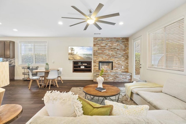 737 W Bel Esprit Cir, San Marcos, CA 92069 - living area featuring dark wood-style floors, a ceiling fan, recessed lighting, and a fireplace