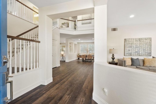 737 W Bel Esprit Cir, San Marcos, CA 92069 - foyer entrance featuring wood finished floors, stairway, recessed lighting, and a high ceiling