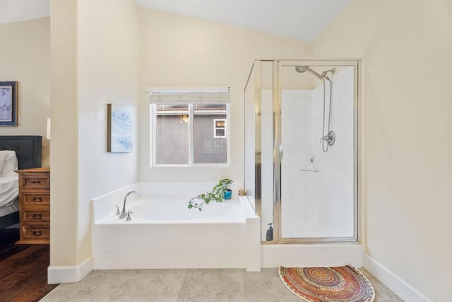 737 W Bel Esprit Cir, San Marcos, CA 92069 - full bathroom with a shower stall, a garden tub, and lofted ceiling