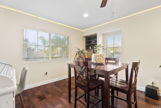 737 W Bel Esprit Cir, San Marcos, CA 92069 - dining area featuring crown molding, dark wood finished floors, and a ceiling fan