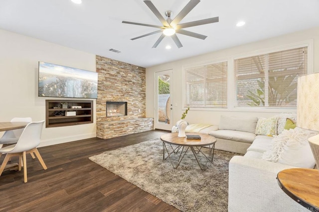 737 W Bel Esprit Cir, San Marcos, CA 92069 - living area featuring a ceiling fan, wood finished floors, recessed lighting, and a fireplace