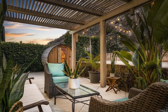 737 W Bel Esprit Cir, San Marcos, CA 92069 - patio terrace at dusk featuring a patio area, a pergola, and a fenced backyard