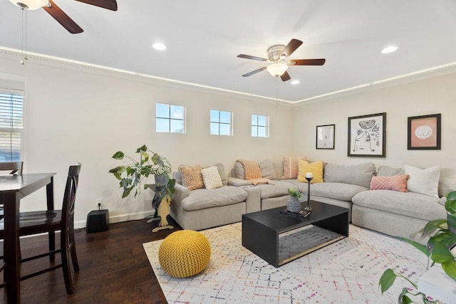 737 W Bel Esprit Cir, San Marcos, CA 92069 - living area featuring ceiling fan, ornamental molding, wood finished floors, and recessed lighting