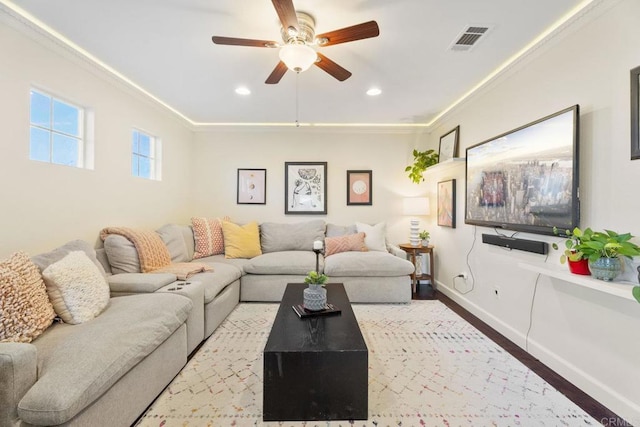 737 W Bel Esprit Cir, San Marcos, CA 92069 - living room featuring ceiling fan, crown molding, wood finished floors, and recessed lighting