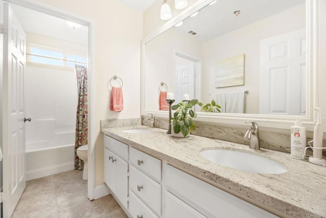737 W Bel Esprit Cir, San Marcos, CA 92069 - bathroom with double vanity, shower / bath combo with shower curtain, and tile patterned floors