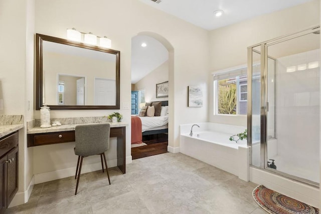 737 W Bel Esprit Cir, San Marcos, CA 92069 - full bathroom with vanity, a garden tub, and a shower stall