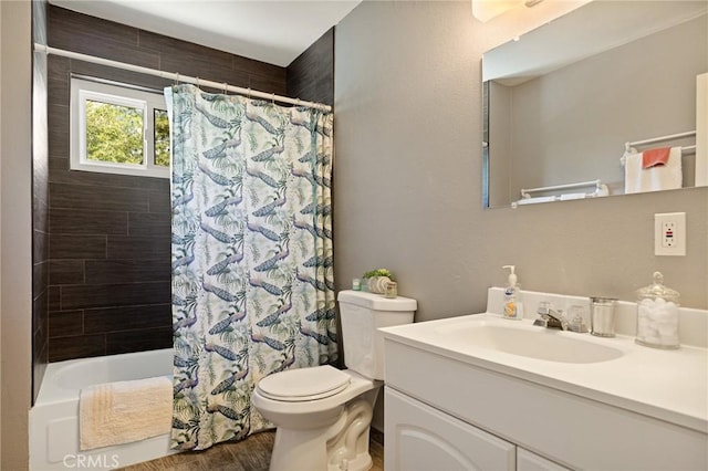 33159 Ridge Rd, Arrowbear, CA 92308 - bathroom with vanity, shower / bathtub combination with curtain, and wood finished floors