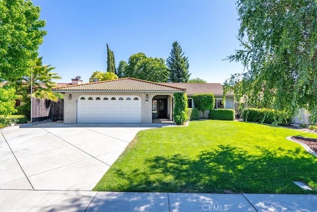 836 Bolen Dr, Paso Robles, CA 93446 - ranch-style house with a tiled roof, concrete driveway, an attached garage, stucco siding, and a front yard