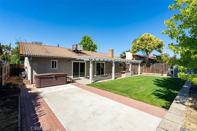 836 Bolen Dr, Paso Robles, CA 93446 - back of property with a hot tub, a pergola, a fenced backyard, a patio area, and stucco siding