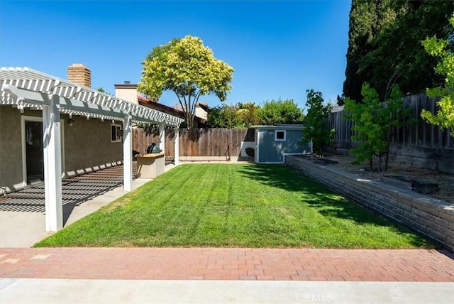 836 Bolen Dr, Paso Robles, CA 93446 - fenced backyard featuring a pergola, a storage unit, and a patio area