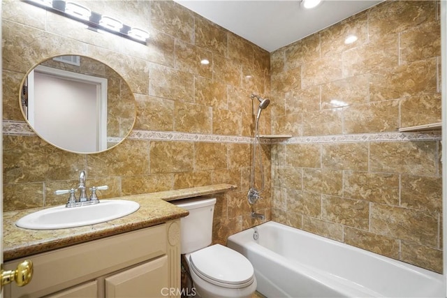 10265 Lev Ave, Arleta, CA 91331 - bathroom featuring vanity, tub / shower combination, tile walls, and tasteful backsplash