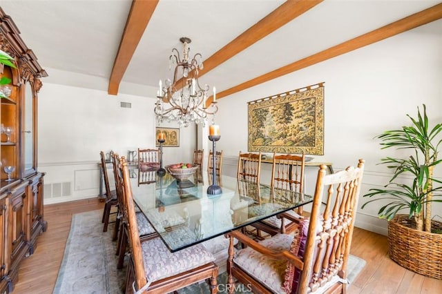 5250 Scott Robertson Rd, Hidden Hills, CA 91302 - dining space with beamed ceiling, wood finished floors, a chandelier, a decorative wall, and a wainscoted wall