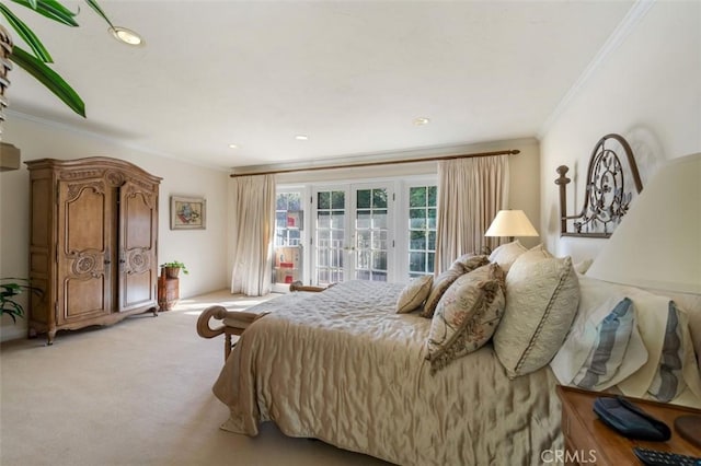 5250 Scott Robertson Rd, Hidden Hills, CA 91302 - bedroom with access to outside, crown molding, light carpet, and french doors