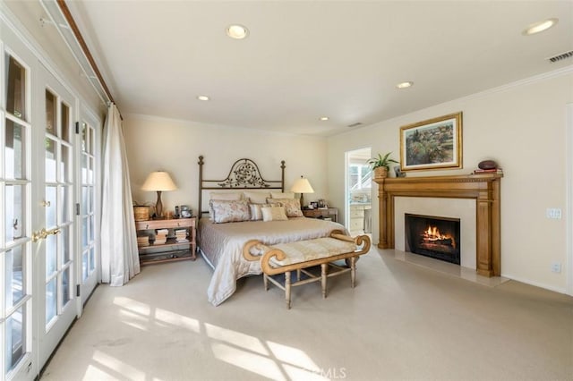 5250 Scott Robertson Rd, Hidden Hills, CA 91302 - carpeted bedroom featuring crown molding, recessed lighting, a lit fireplace, and french doors