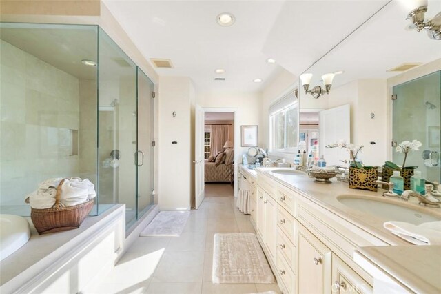 5250 Scott Robertson Rd, Hidden Hills, CA 91302 - ensuite bathroom with a stall shower, tile patterned flooring, double vanity, a chandelier, and recessed lighting