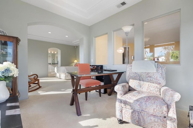 7243 Surfbird Cir, Carlsbad, CA 92011 - dining area with arched walkways and carpet