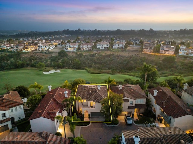 7243 Surfbird Cir, Carlsbad, CA 92011 - aerial view at dusk of a residential view, property boundaries highlighted, and golf course view