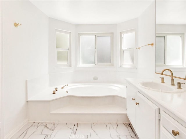 20472 Via Marwah, Yorba Linda, CA 92886 - full bathroom featuring marble look tile flooring, vanity, healthy amount of natural light, and a garden tub
